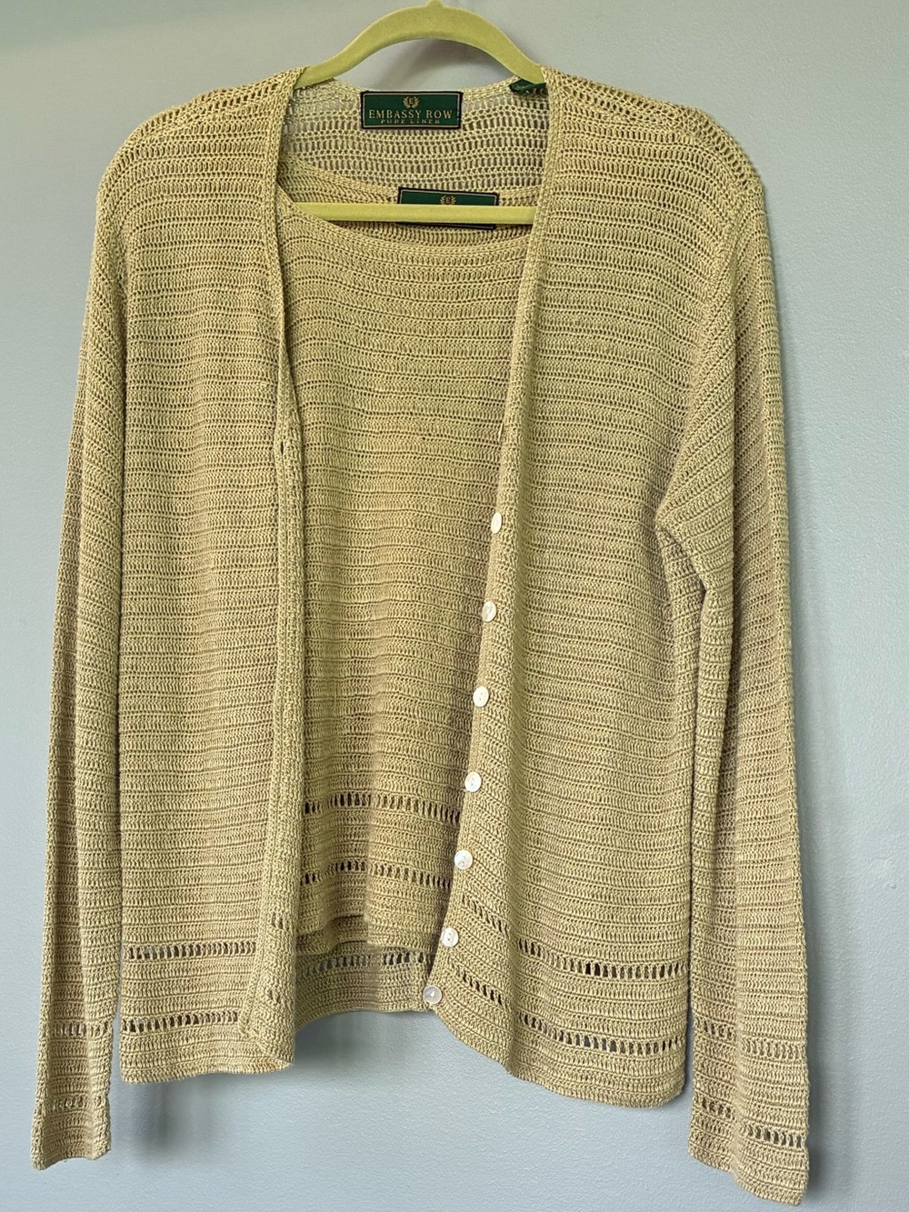 Embassy Row Pure Linen Sweater Set Mother of Pearl Buttons Size L Green Vintage